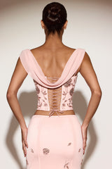 Embellished Draped Lace-Up Corset Top in Pink