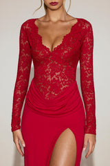 Lace Scalloped Plunge-Neck Maxi Dress in True Red