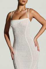 Embellished Handkerchief Hem Maxi Dress in White