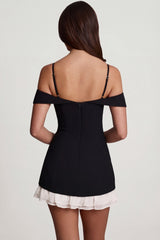 Off-Shoulder Ruffle A-Line Mini Dress in Black