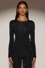 Embellished Crew-Neck Long-Sleeve Top in Black