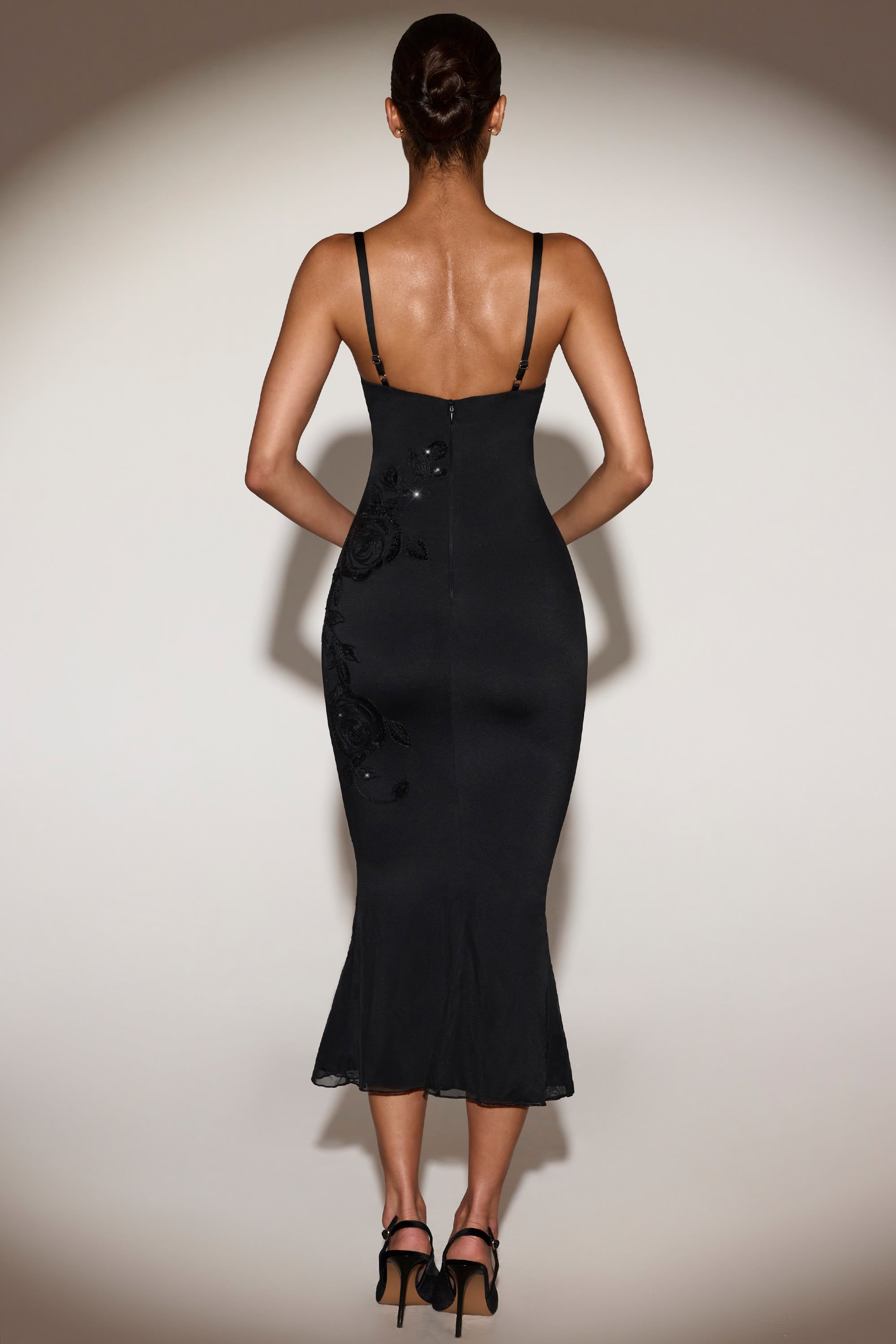 Embellished Peekaboo Fluted-Hem Midaxi Dress in Black