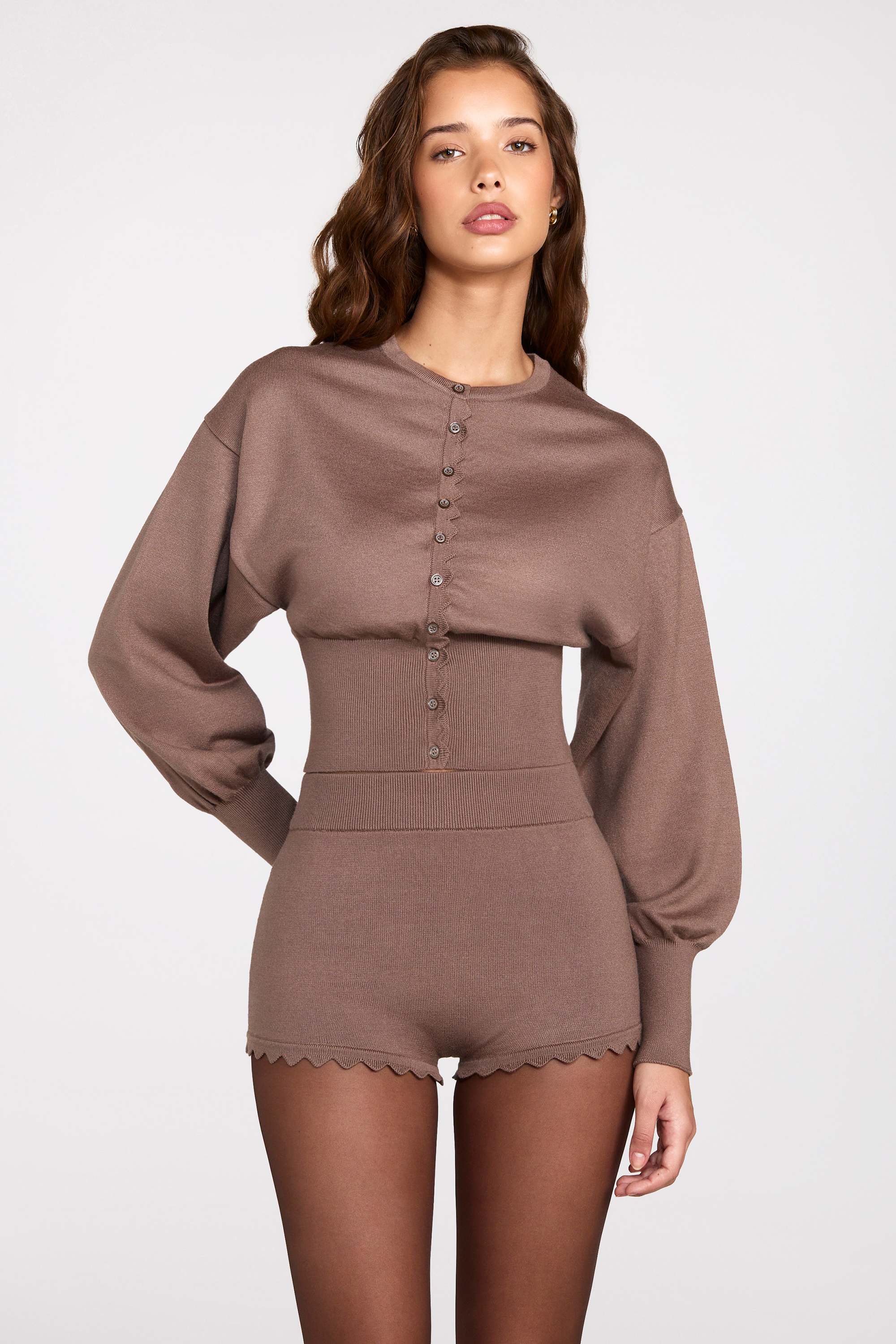 Knit Mid-Rise Mini Shorts in Mocha