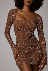 Sheer Embellished Long Sleeve A-Line Mini Dress in Mocha