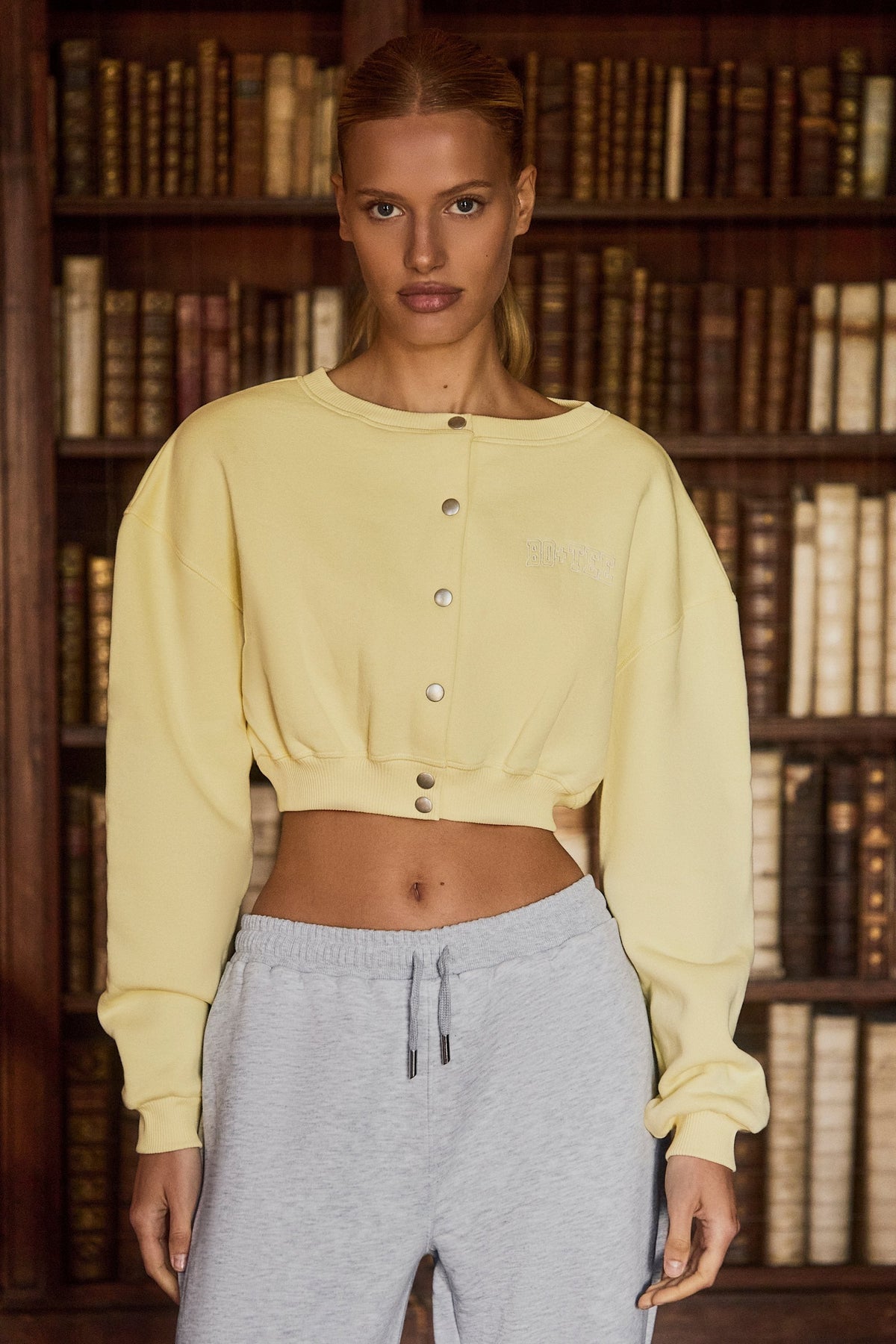 Brushed Jersey Button-Up Cropped Cardigan in Soft Yellow