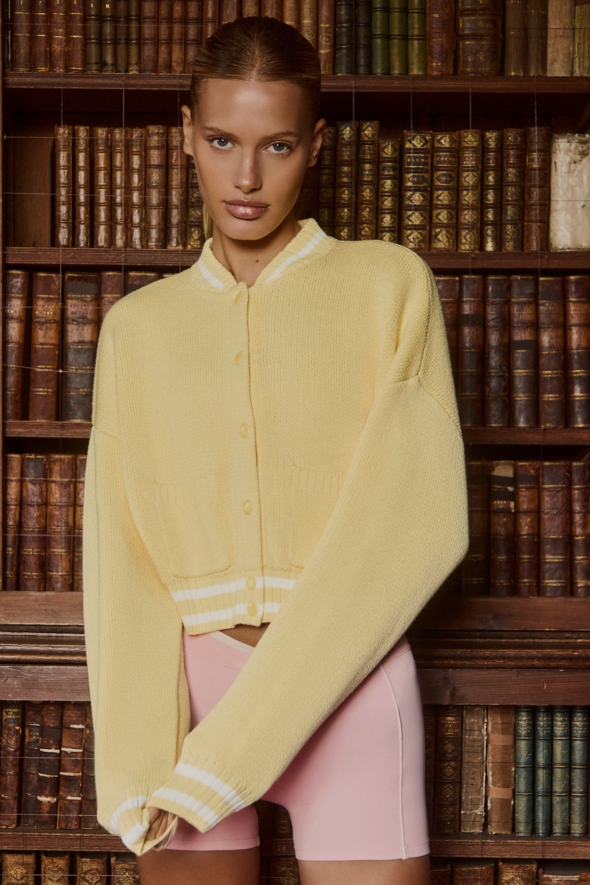 Button-Up Cropped Knit Cardigan in Soft Yellow