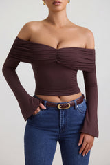 Modal-Cashmere Blend Off-Shoulder Ruched Top in Espresso